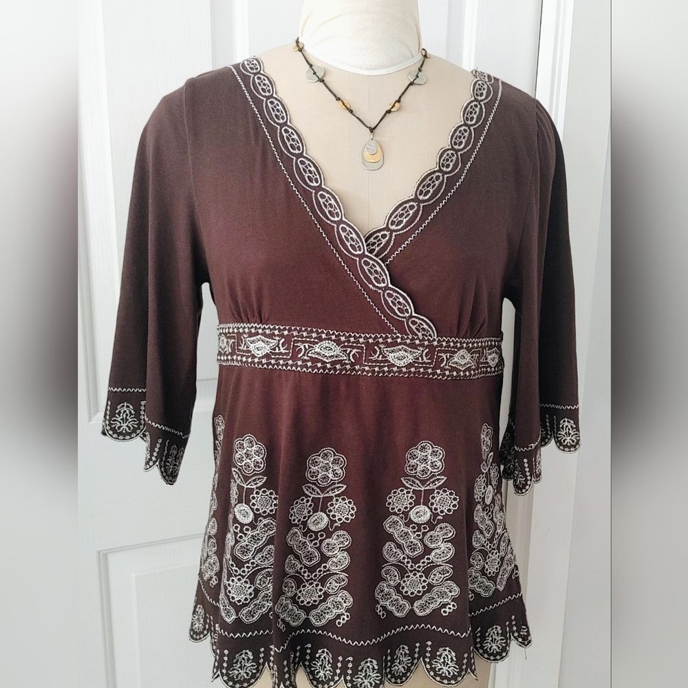 BCBGMaxAzria Chocolate Brown Embroidered Blouse | NWOT